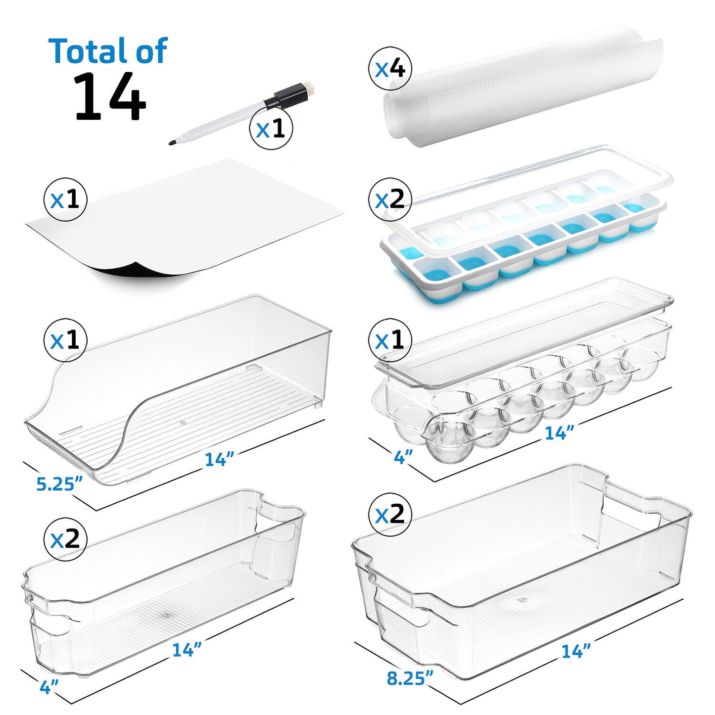 14 PC Refrigerator Organizer Set Clear Storage Bins 